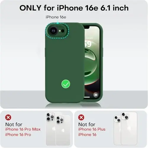 Vooii iPhone 16e bilan mos keladigan g'ilof, suyuq silikon yangilanishi [Kamera himoyasi] [Yumshoq tirnalishga qarshi mikrofiber astar] iPhone 16e 6.1 dyuym uchun zarbga chidamli telefon g'ilofi - Yashil - 5