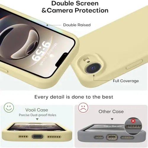 Vooii iPhone 16e Case bilan mos keladi, Suyuq Silikon Yangilanishi [Kamera Himoyasi] [Yumshoq Chizishga Qarshi Mikrofiber Astar] iPhone 16e 6.1 dyuym uchun zarbga chidamli telefon qutisi - Krem Rangli Sariq - 3