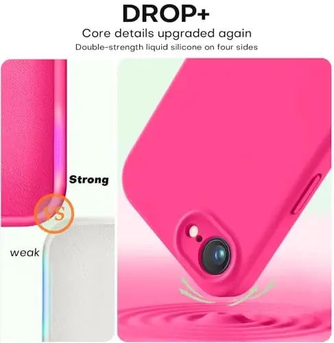 Vooii iPhone 16e g'ilofi bilan mos keladi, suyuq silikon yangilanishi [Kamera himoyasi] [Yumshoq tirnalishga qarshi mikrofiber astar] iPhone 16e 6,1 dyuym uchun zarbga chidamli telefon g'ilofi - Hot Pink - 4