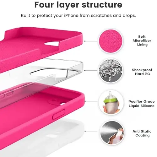 Vooii iPhone 16e g'ilofi bilan mos keladi, suyuq silikon yangilanishi [Kamera himoyasi] [Yumshoq tirnalishga qarshi mikrofiber astar] iPhone 16e 6,1 dyuym uchun zarbga chidamli telefon g'ilofi - Hot Pink - VOOII (1)