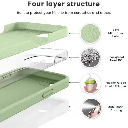 Vooii iPhone 16e g‘ilofi bilan mos keladi, suyuq silikon yangilanishi [Kamera himoyasi] [Yumshoq tirnalishga qarshi mikrofiber astar] iPhone 16e 6.1 dyuym uchun zarbga chidamli telefon g‘ilofi - Matcha - 2