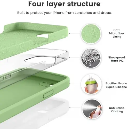 Vooii iPhone 16e g‘ilofi bilan mos keladi, suyuq silikon yangilanishi [Kamera himoyasi] [Yumshoq tirnalishga qarshi mikrofiber astar] iPhone 16e 6.1 dyuym uchun zarbga chidamli telefon g‘ilofi - Matcha - 2
