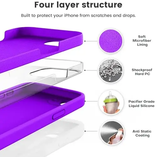 Vooii iPhone 16e g'ilofi bilan mos keladi, suyuq silikon yangilanishi [Kamera himoyasi] [Yumshoq tirnalishga qarshi mikrofiber astar] iPhone 16e 6,1 dyuym uchun zarbga chidamli telefon g'ilofi - Neon binafsha - 2