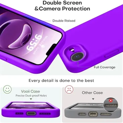 Vooii iPhone 16e g'ilofi bilan mos keladi, suyuq silikon yangilanishi [Kamera himoyasi] [Yumshoq tirnalishga qarshi mikrofiber astar] iPhone 16e 6,1 dyuym uchun zarbga chidamli telefon g'ilofi - Neon binafsha - 3