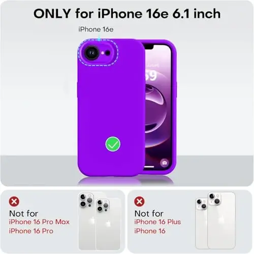 Vooii iPhone 16e g'ilofi bilan mos keladi, suyuq silikon yangilanishi [Kamera himoyasi] [Yumshoq tirnalishga qarshi mikrofiber astar] iPhone 16e 6,1 dyuym uchun zarbga chidamli telefon g'ilofi - Neon binafsha - 5