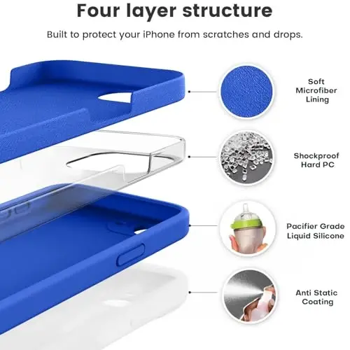 Vooii iPhone 16e g‘ilofi bilan mos, suyuq silikon yangilanishi [Kamera himoyasi] [Yumshoq tirnalishga qarshi mikrofiber astar] iPhone 16e 6.1 dyuym uchun zarbga chidamli telefon g‘ilofi - Klein Blue - 2