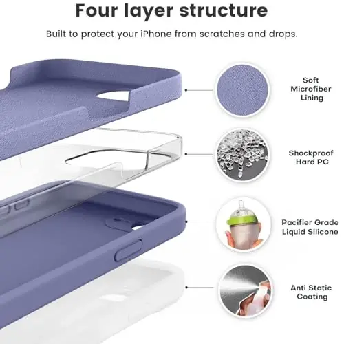 Vooii iPhone 16e gʻilofi bilan mos, suyuq silikon yangilanishi [Kamera himoyasi] [Yumshoq tirnalishga qarshi mikrofiber astar] iPhone 16e 6.1 dyuym uchun zarbga chidamli telefon gʻilofi - Lavanda kulrang - 2