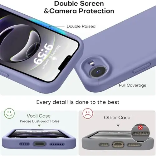 Vooii iPhone 16e gʻilofi bilan mos, suyuq silikon yangilanishi [Kamera himoyasi] [Yumshoq tirnalishga qarshi mikrofiber astar] iPhone 16e 6.1 dyuym uchun zarbga chidamli telefon gʻilofi - Lavanda kulrang - 3