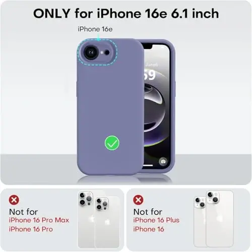 Vooii iPhone 16e gʻilofi bilan mos, suyuq silikon yangilanishi [Kamera himoyasi] [Yumshoq tirnalishga qarshi mikrofiber astar] iPhone 16e 6.1 dyuym uchun zarbga chidamli telefon gʻilofi - Lavanda kulrang - 5