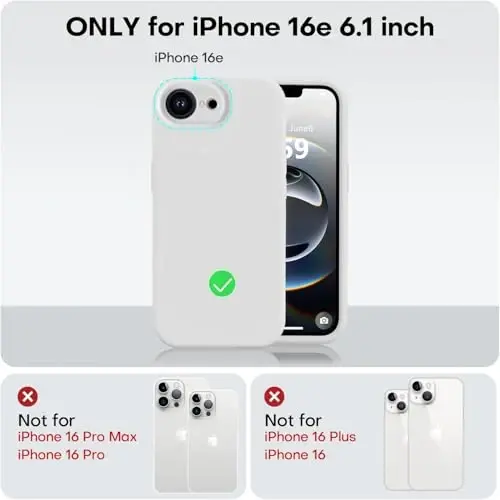 Vooii iPhone 16e g'ilofi bilan mos, suyuq silikon yangilanishi [Kamera himoyasi] [Yumshoq tirnalishga qarshi mikrofiber astar] iPhone 16e 6.1 dyuym uchun zarbga chidamli telefon g'ilofi - Oq - 5