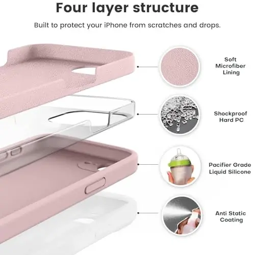 Vooii iPhone 16e gʻilofi bilan mos, suyuq silikon yangilanishi [Kamera himoyasi] [Yumshoq tirnalishga qarshi mikrofiber astar] iPhone 16e 6.1 dyuym uchun zarbga chidamli telefon gʻilofi - Pushti qum - 2