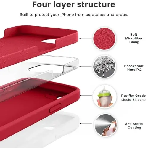 Vooii iPhone 16e g‘ilofi bilan mos, suyuq silikon yangilanishi [Kamera himoyasi] [Yumshoq tirnalishga qarshi mikrofiber astar] iPhone 16e 6.1 dyuym uchun zarbga chidamli telefon g‘ilofi - Qizil - 2