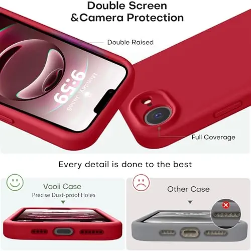 Vooii iPhone 16e g‘ilofi bilan mos, suyuq silikon yangilanishi [Kamera himoyasi] [Yumshoq tirnalishga qarshi mikrofiber astar] iPhone 16e 6.1 dyuym uchun zarbga chidamli telefon g‘ilofi - Qizil - 3