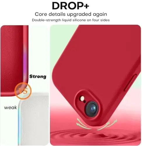 Vooii iPhone 16e g‘ilofi bilan mos, suyuq silikon yangilanishi [Kamera himoyasi] [Yumshoq tirnalishga qarshi mikrofiber astar] iPhone 16e 6.1 dyuym uchun zarbga chidamli telefon g‘ilofi - Qizil - 4