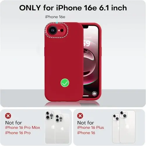 Vooii iPhone 16e g‘ilofi bilan mos, suyuq silikon yangilanishi [Kamera himoyasi] [Yumshoq tirnalishga qarshi mikrofiber astar] iPhone 16e 6.1 dyuym uchun zarbga chidamli telefon g‘ilofi - Qizil - 5