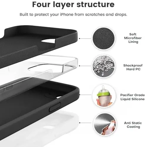 Vooii iPhone 16e g'ilofi bilan mos, suyuq silikon yangilanishi [Kamera himoyasi] [Yumshoq tirnalishga qarshi mikrofiber astar] iPhone 16e 6.1 dyuym uchun zarbga chidamli telefon g'ilofi - Qora - VOOII (1)