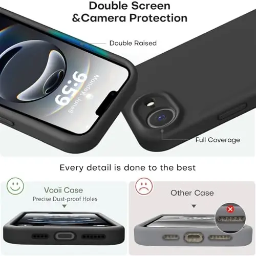 Vooii iPhone 16e g'ilofi bilan mos, suyuq silikon yangilanishi [Kamera himoyasi] [Yumshoq tirnalishga qarshi mikrofiber astar] iPhone 16e 6.1 dyuym uchun zarbga chidamli telefon g'ilofi - Qora - 3