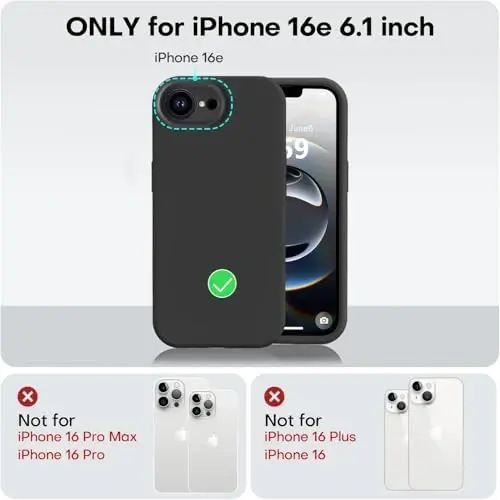 Vooii iPhone 16e g'ilofi bilan mos, suyuq silikon yangilanishi [Kamera himoyasi] [Yumshoq tirnalishga qarshi mikrofiber astar] iPhone 16e 6.1 dyuym uchun zarbga chidamli telefon g'ilofi - Qora - 5