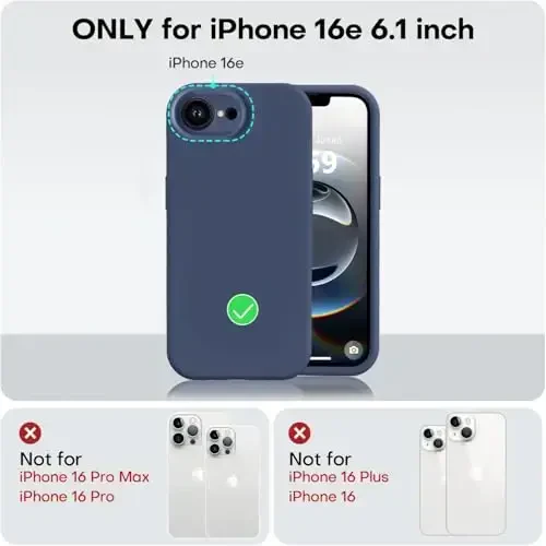 Vooii iPhone 16e g‘ilofi bilan mos, suyuq silikon yangilanishi [Kamera himoyasi] [Yumshoq tirnalishga qarshi mikrofiber astar] iPhone 16e 6.1 dyuym uchun zarbga chidamli telefon g‘ilofi - to‘q ko‘k - 5