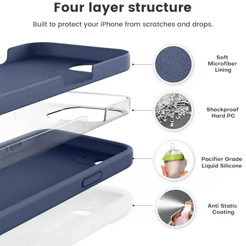 Vooii iPhone 16e g‘ilofi bilan mos, suyuq silikon yangilanishi [Kamera himoyasi] [Yumshoq tirnalishga qarshi mikrofiber astar] iPhone 16e 6.1 dyuym uchun zarbga chidamli telefon g‘ilofi - to‘q ko‘k - 2