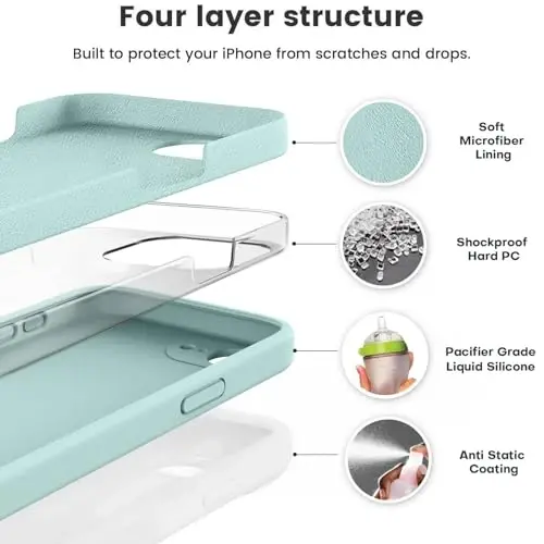 Vooii iPhone 16e g'ilofi bilan mos, suyuq silikon yangilanishi [Kamera himoyasi] [Yumshoq tirnalishga qarshi mikrofiber astar] iPhone 16e 6.1 dyuym uchun zarbga chidamli telefon g'ilofi - yalpiz - 2