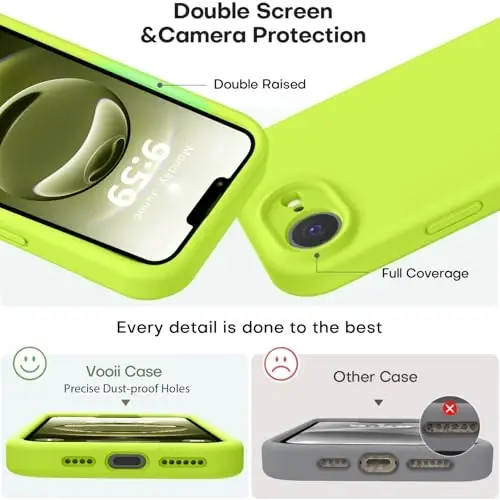 Vooii iPhone 16e uchun mos keladigan g'ilof, suyuq silikon yangilanishi [Kamera himoyasi] [Yumshoq tirnalishga qarshi mikrofiber astar] iPhone 16e 6,1 dyuym uchun zarbga chidamli telefon g'ilofi - Fluoresan yashil - 3