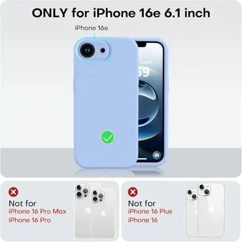 Vooii iPhone 16e uchun mos keladigan g'ilof, suyuq silikon yangilanishi [Kamera himoyasi] [Yumshoq tirnalishga qarshi mikrofiber qoplamasi] iPhone 16e 6.1 dyuym uchun zarbga chidamli telefon g'ilofi - Ochiq moviy - 5