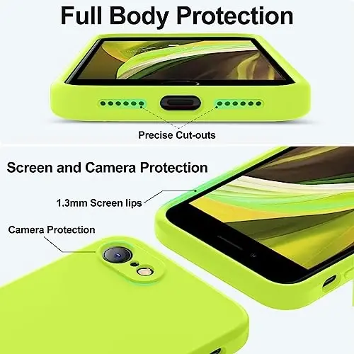Vooii iPhone SE Case 2022/3rd/2020,iPhone 8/7 Case, Upgraded Liquid Silicone with [Flat Edges] [Camera Protection] [Soft Anti-Scratch Microfiber Lining] Phone Case for SE 4.7 - Fluorescent Green - 4