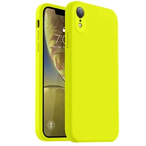 Vooii iPhone XR g‘ilofi bilan mos, yangilangan suyuq silikon [Yassi qirralar] [Kamera himoyasi] [Yumshoq tirnalishga qarshi mikrofiber astar] iPhone 10 XR 6,1 dyuym uchun telefon g‘ilofi - Neon limon 