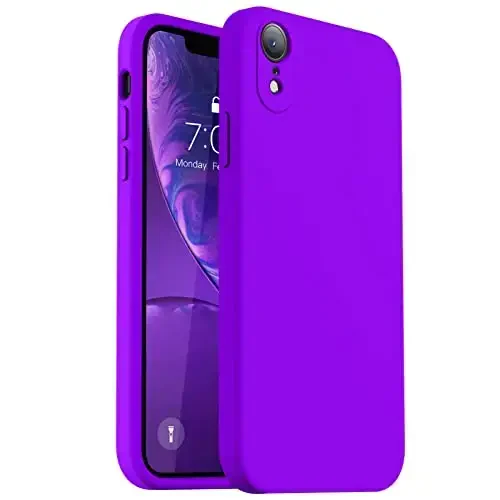Vooii iPhone XR g‘ilofi bilan mos, [Yassi qirralar] [Kamera himoyasi] [Yumshoq tirnalishga qarshi mikrofiber astar] bilan yangilangan suyuq silikon iPhone 10 XR 6.1 dyuym uchun telefon g‘ilofi - Neon binafsha - VOOII