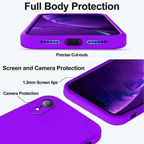 Vooii iPhone XR g‘ilofi bilan mos, [Yassi qirralar] [Kamera himoyasi] [Yumshoq tirnalishga qarshi mikrofiber astar] bilan yangilangan suyuq silikon iPhone 10 XR 6.1 dyuym uchun telefon g‘ilofi - Neon binafsha - 4
