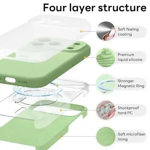Vooii Magnetic for iPhone 17 Pro Case, Magsafe bilan mos (Premium suyuq silikon) (O'rnatilgan kamera boshqaruv tugmasi) To'liq korpusli himoya chizishga qarshi mikrofiber astar 6,3 dyuym, Matcha - 6
