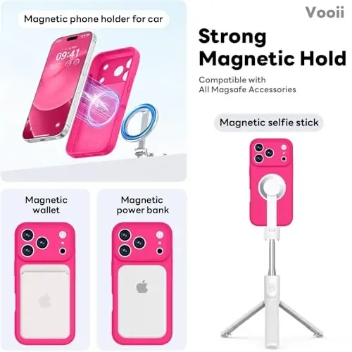 Vooii Magnetic for iPhone 17 Pro Max Case, Compatible with Magsafe (Premium Liquid Silicone) (Integrated Camera Control Button) Full Body Protective Anti-Scratch Microfiber Lining 6.9 inch, Hot Pink - 3