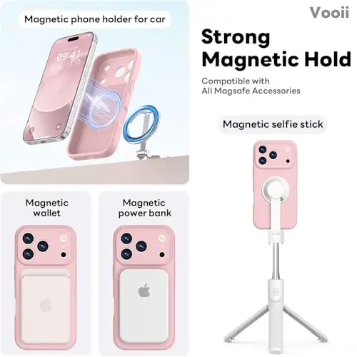 Vooii Magnetic for iPhone 17 Pro Max Case, Compatible with Magsafe (Premium Liquid Silicone) (Integrated Camera Control Button) Full Body Protective Anti-Scratch Microfiber Lining 6.9 inch, Pink Sand - 6