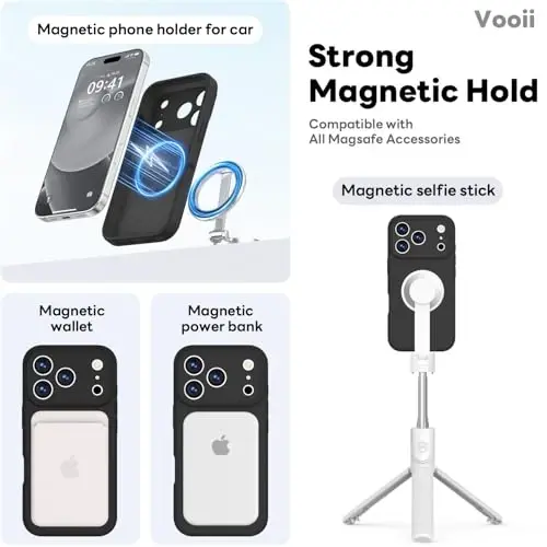 Vooii Magnetic for iPhone 17 Pro Max Case, Magsafe bilan mos (Premium suyuq silikon) (Oʻrnatilgan kamera boshqaruv tugmasi) Toʻliq tanani himoya qiluvchi tirnalishga qarshi mikrofiber astar 6,9 dyuym, qora - 3