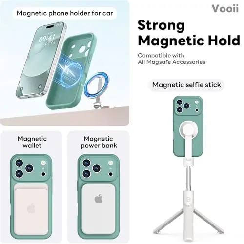 Vooii Magnetic iPhone 17 Pro Max uchun gʻilof, Magsafe bilan mos (Premium suyuq silikon) (Oʻrnatilgan kamera boshqaruv tugmasi) Toʻliq himoya, tirnalishga qarshi mikrofiber astar 6.9 dyuym, qaragʻay yashili - 2