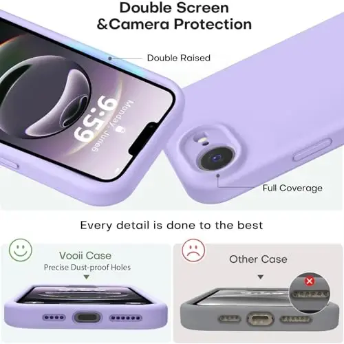Vooii Совместимый с чехлом для iPhone 17e и для iPhone 16e, жидкий силикон, улучшенная защита камеры, подкладка из микрофибры против царапин, ударопрочный чехол для iPhone 17e/16e 6.1 дюйма — светло-фиолетовый - 3