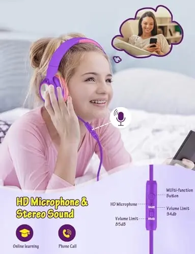 Voopwink Kids Headphones with Microphone, Wired Over Ear Headsets with Limited Volume 85dB/ 94dB for Boys Girls Teens Children Online School/Travel/iPad/Tablet/Cellphone - VOOPWINK (1)