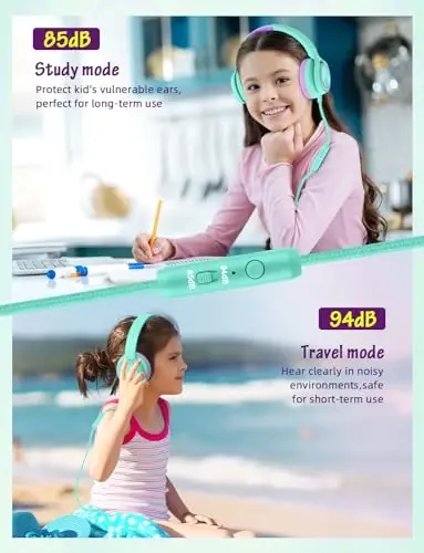 Voopwink Kids Mikrofonli Naushniklar, Simli Quloq Ustidagi Naushniklar, Cheklangan Ovoz 85dB/94dB O'g'il Bolalar Qizlar O'smirlar Bolalar Onlayn Maktab/Sayohat/iPad/Planshet/Mobil Telefon uchun - 4