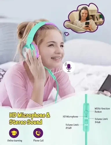 Voopwink Kids Mikrofonli Naushniklar, Simli Quloq Ustidagi Naushniklar, Cheklangan Ovoz 85dB/94dB O'g'il Bolalar Qizlar O'smirlar Bolalar Onlayn Maktab/Sayohat/iPad/Planshet/Mobil Telefon uchun - 2