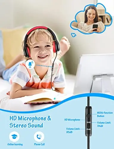 Voopwink Kids Mikrofonli Naushniklar, Simli Quloq Ustidagi Naushniklar, Cheklangan Tovush 85dB/94dB O'g'il bolalar Qizlar O'smirlar Bolalar Onlayn Maktab/Sayohat/iPad/Planshet/Mobil telefon uchun - 2
