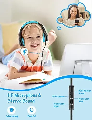 Voopwink Kids Mikrofonli naushniklar, simli quloqchinlar, O'g'il bolalar, qizlar, o'smirlar va bolalar uchun cheklangan ovoz balandligi 85dB/94dB, Onlayn maktab/Sayohat/iPad/Planshet/Mobil telefon - 2
