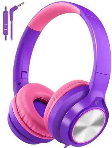 Voopwink Kids Headphones with Microphone, Wired Over Ear Headsets with Limited Volume 85dB/ 94dB for Boys Girls Teens Children Online School/Travel/iPad/Tablet/Cellphone 