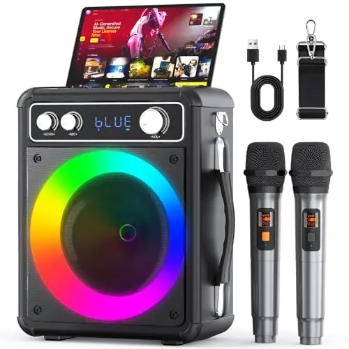 VOSOCO Karaoke Machine, Portable Bluetooth Karaoke Speaker with 2 Wireless Microphones, PA System for Adults Kids with LED Lights, Supports REC/FM/AUX/USB/TF for Home Party - 1