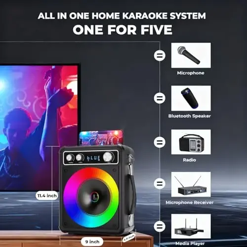 VOSOCO Karaoke Machine, Portable Bluetooth Karaoke Speaker with 2 Wireless Microphones, PA System for Adults Kids with LED Lights, Supports FM/AUX/USB/TF for Home Party - 3