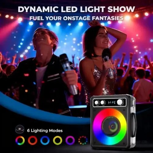 VOSOCO Karaoke Machine, Portable Bluetooth Karaoke Speaker with 2 Wireless Microphones, PA System for Adults Kids with LED Lights, Supports FM/AUX/USB/TF for Home Party - 5