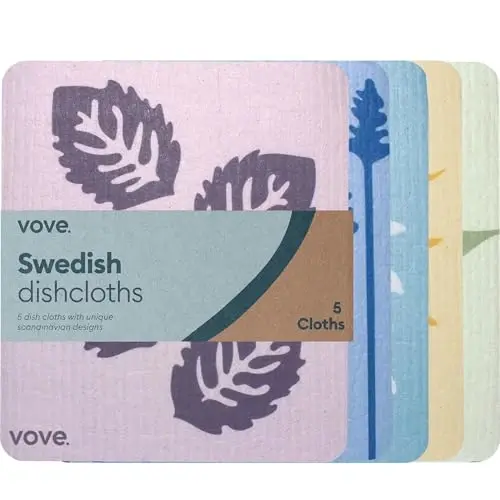 Vove Swedish Dishcloths 5-Pack, Nordic Nature - FSC Certified Cellulose & Cotton, Oeko-TEX Standard 100, Reusable Washable Kitchen Cleaning Cloths, Eco Friendly Floral Design 