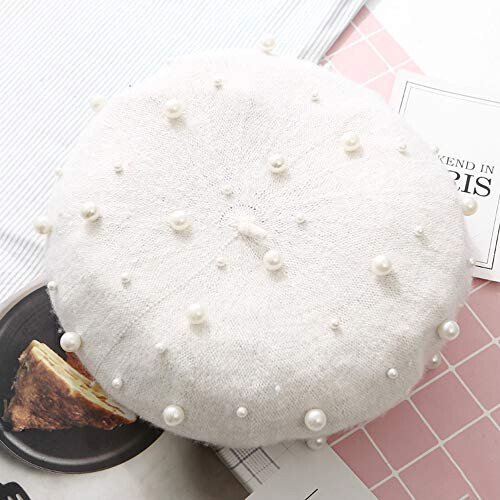 Vpang Women's Wool Berets Sweet French Pearl Beaded Beret Cap Winter Hat Knitted Beanie Hat for Girls - 4