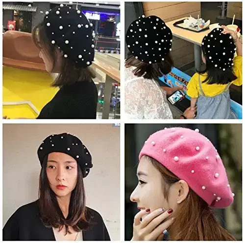 VPang Women's Wool Berets Sweet French Pearl Beaded Beret Cap Winter Hat Knitted Beanie Hat for Girls - 2