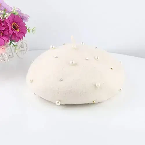 VPang Women's Wool Berets Sweet French Pearl Beaded Beret Cap Winter Hat Knitted Beanie Hat for Girls - 6